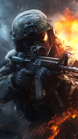 Armored tactical soldier aims rifle amid asymmetric fire blast