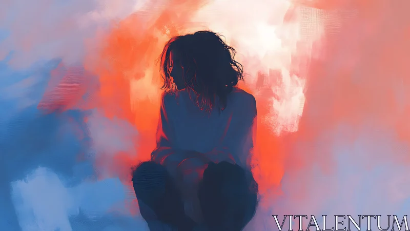 Solitary figure against glowing warm and cool color field.