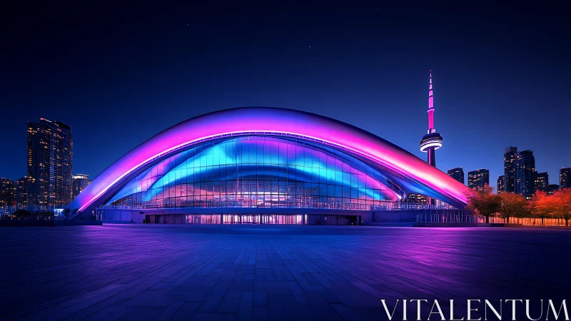 Curved stadium facade displays gradient neon lighting at night