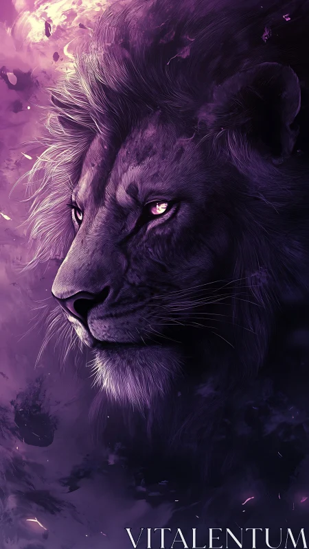 Bioluminescent violet lion portrait in cosmic particle haze