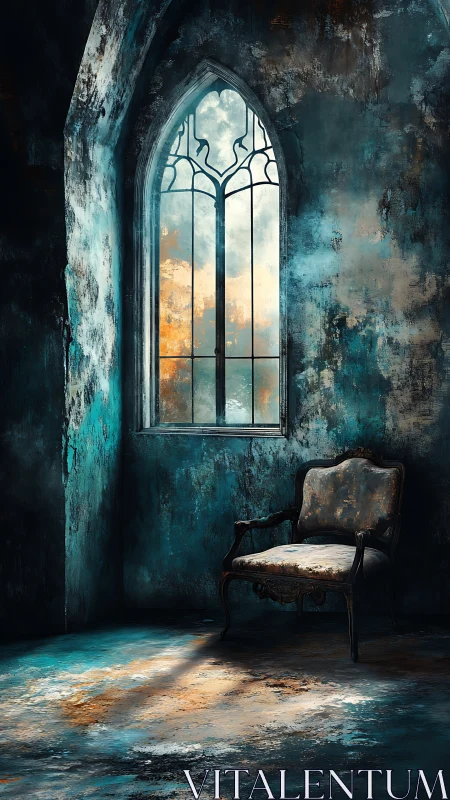 Weathered gothic window with worn vintage armchair in light