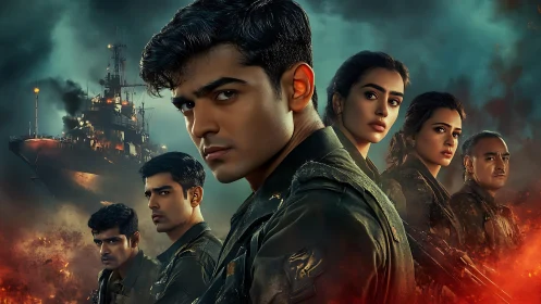 Bold naval squad stands united against a blazing war zone