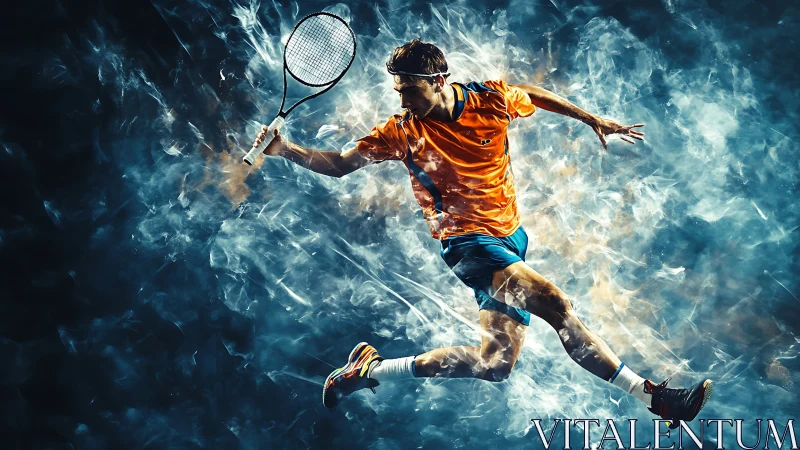 Dynamic tennis player leaps through swirling neon smoke.