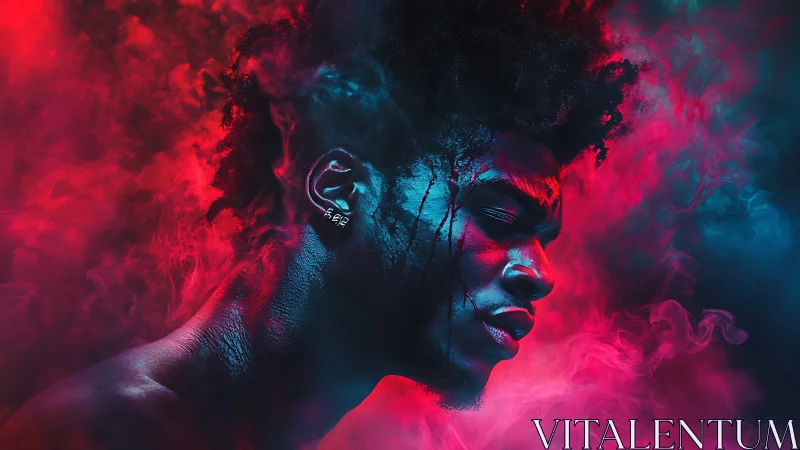 Neon-lit portrait emerges from swirling red and blue smoke.