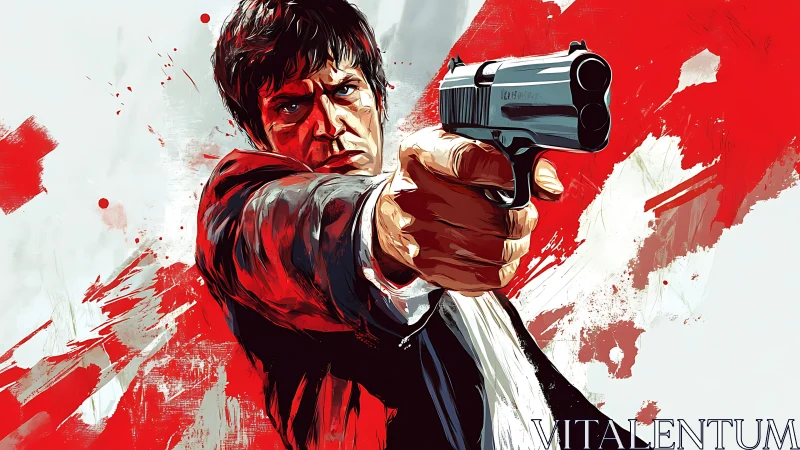 Vectorial gunman close-up with dynamic red splatter backdrop.