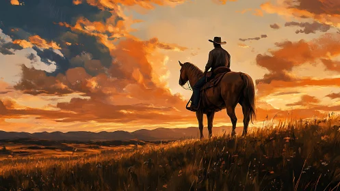 Lone cowboy on horseback surveys plains at blazing sunset.