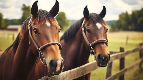 Bay horses in leather halters beside rustic pasture fence.