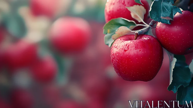 Crimson apples with dewdrops in soft orchard bokeh glow.
