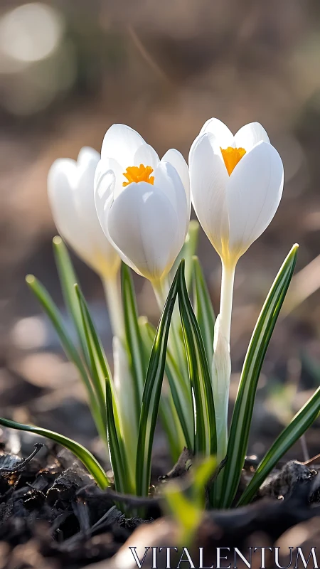 White Crocuses with Golden Stamens Bloom in Spring.
