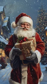 Winter street courier in red coat bearing wrapped parcel.