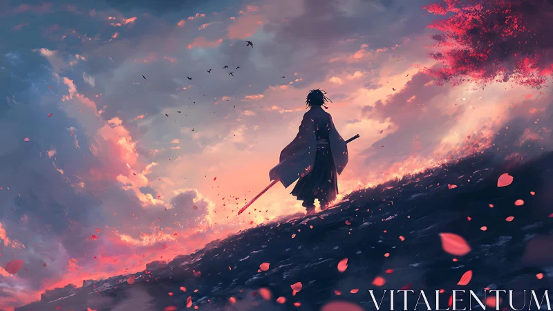 Lone swordsman quietly rewrites dusk beneath drifting petals