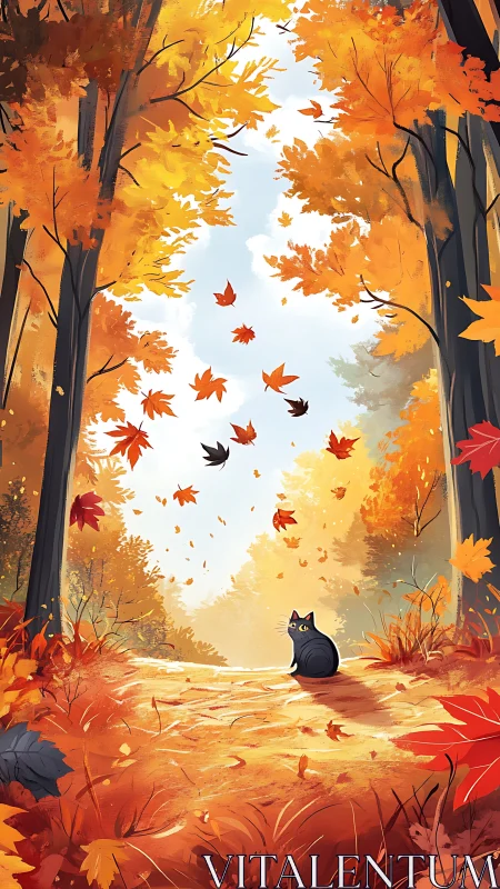 Autumn's Silent Witness: Black Cat Gazes Through Falling Leaves