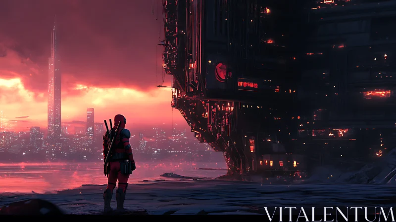 Solitary armored figure facing neon sci fi megastructure.