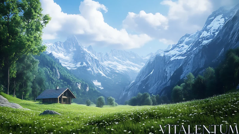 Alpine meadow cabin under towering snowcapped peaks.