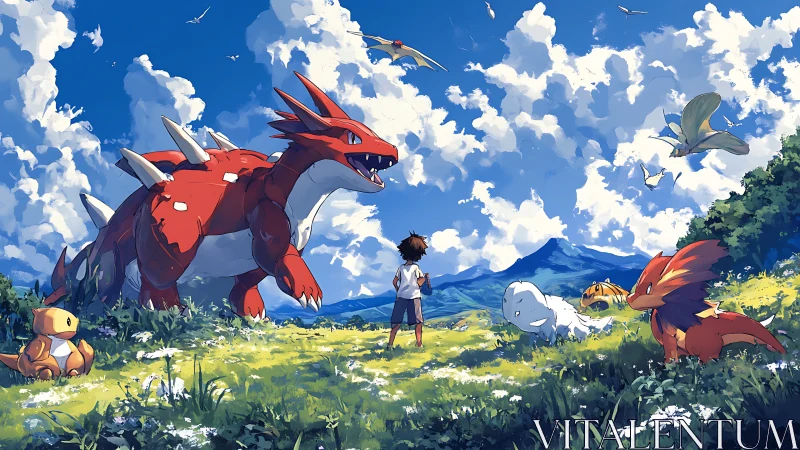 Sunny field meeting with gentle dragons and a brave kid.