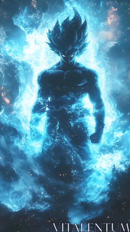 Starlit warrior erupts from a tidal storm of electric blue