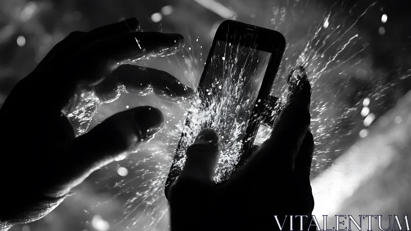 Hands interact with smartphone as water splashes outward