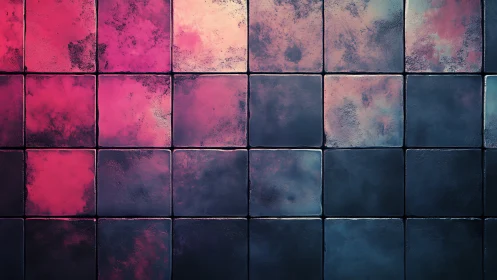Digital painting tiled grid in neon magenta and cyan patina.