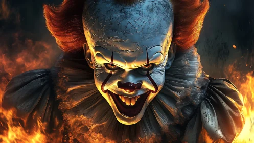 Sinister circus clown grinning through swirling firelight.