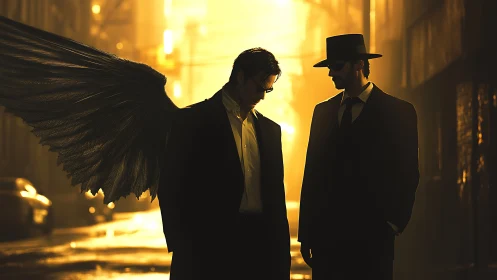 Winged figure and man in hat in backlit urban alleyway.