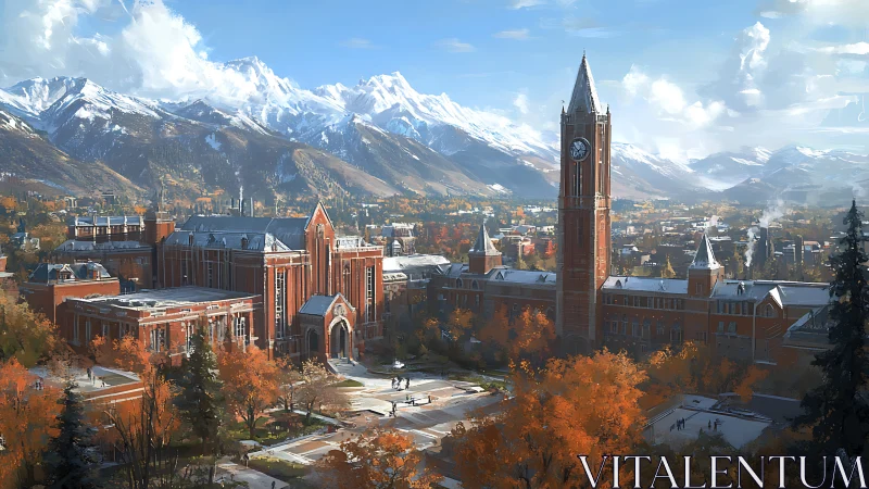 Autumn campus with clocktower below bright alpine mountains.
