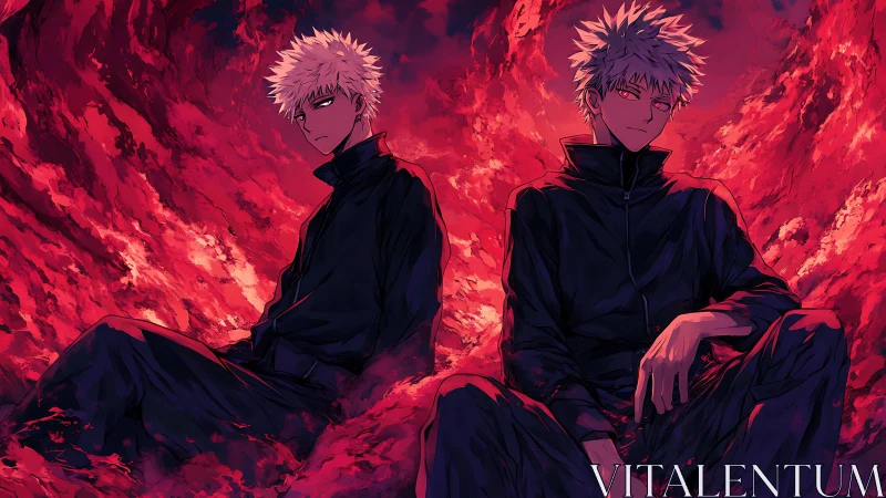 Dual white‑haired anime males amid swirling red flames.