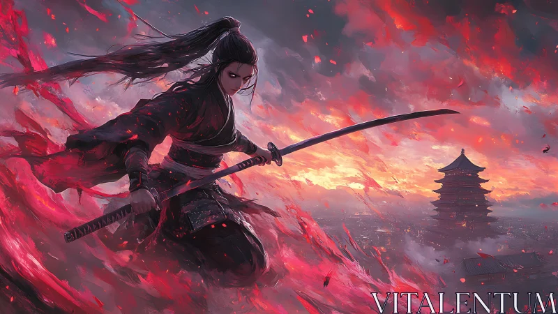 Samurai warrior cleaves through crimson storm over pagoda skyline.