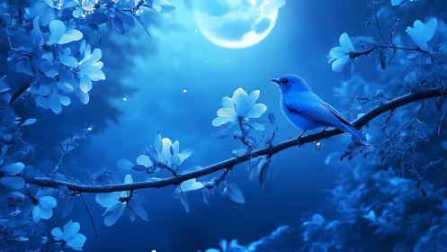 Moonlit blue songbird on flowering branch at night.
