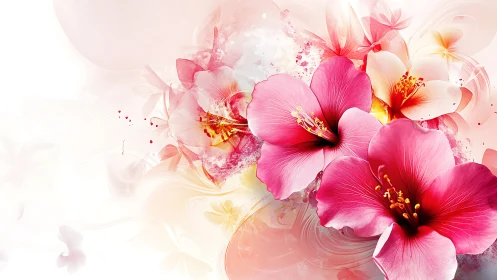 Vibrant Pink and Cream Flowers in Watercolor Digital Art