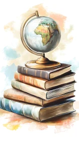 Vintage globe resting on stacked books in soft colors.