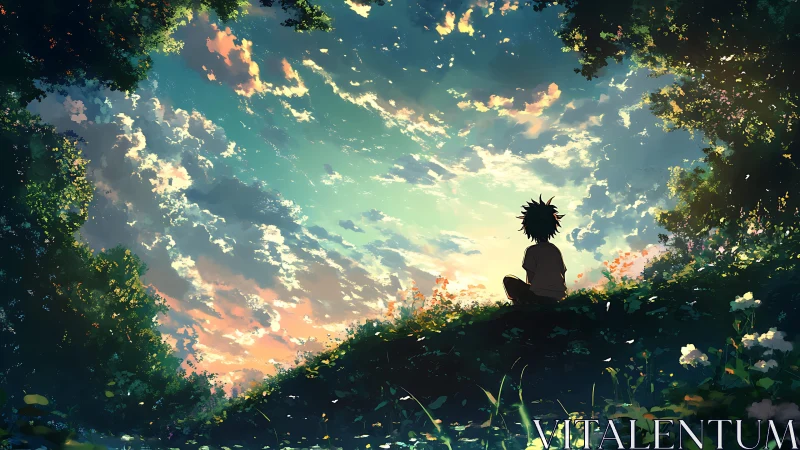 Backlit child silhouette observing volumetric cloudscape at dusk