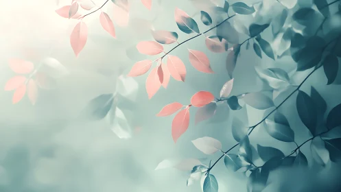 Soft pastel leaves on gentle branches in dreamy abstract style.