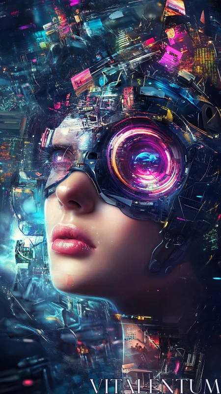 Cybernetic woman with neon visor in dense digital cityscape.