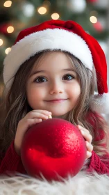 Tiny Christmas dreamer cradling a glittering red ornament.