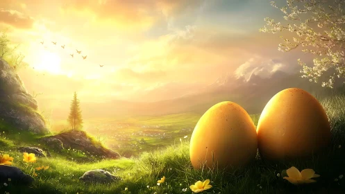 Golden eggs rest in bright grass under glowing sunrise