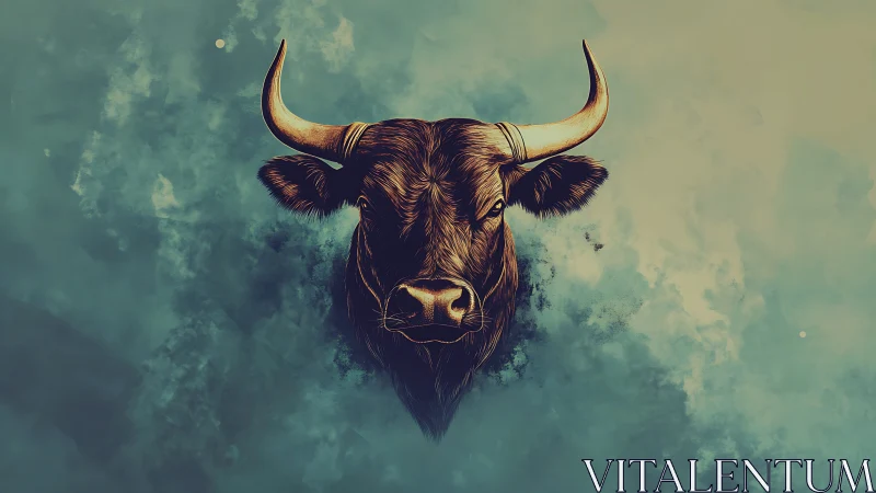 Textured bull head illustration in teal atmospheric haze field