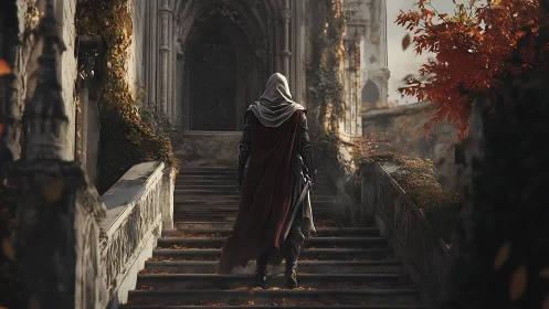 Cloaked wanderer ascending autumn-lit gothic stone stairway.