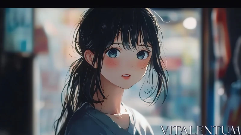 Soft-lit anime girl gazes quietly in a blurred city evening