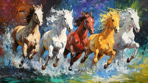 Vibrant Running Horses in Colorful Impasto Art Style Painting.