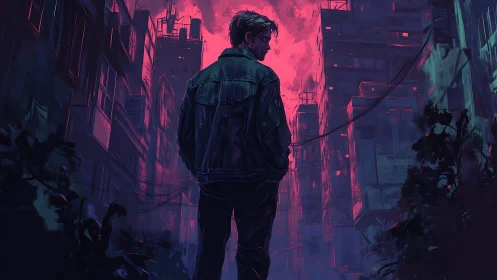 Neon-drenched alleyway with lone figure in cyberpunk chiaroscuro.