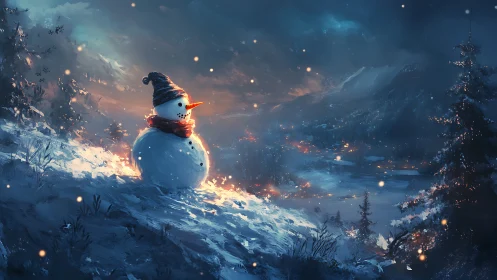 Snowman overlooking ember-lit alpine valley at twilight.