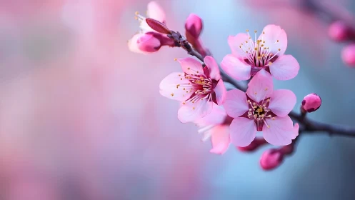 Pink Cherry Blossoms with Detailed Stamen Structure and Bokeh Background