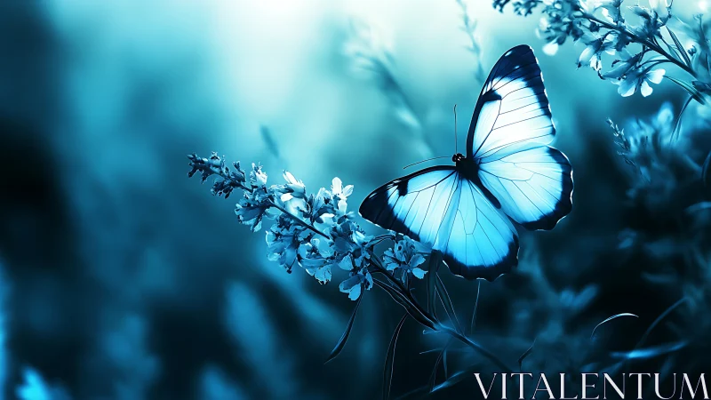 High-contrast cyan butterfly rendered on defocused floral bokeh field