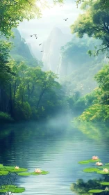 Misty river valley with lush foliage and distant peaks.