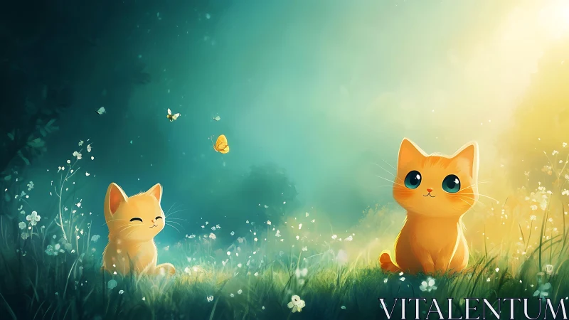 Luminous Pastoral Composition: Two Anthropomorphic Cats in Botanical Setting.