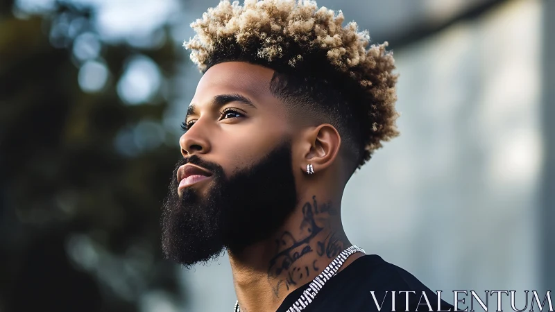 Man with styled beard and blond curls looks upward outdoors
