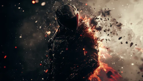Armored futuristic soldier stands amid erupting embers