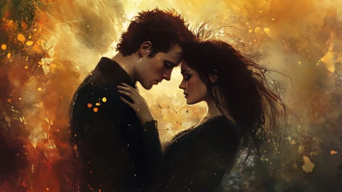 Silhouetted Figures Embrace Against Golden Luminescence.