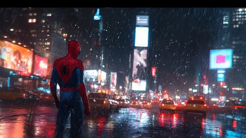 Spider-suited figure stands in rainy neon city street at night