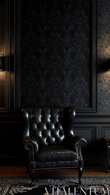 Black leather wingback chair in dark paneled interior.